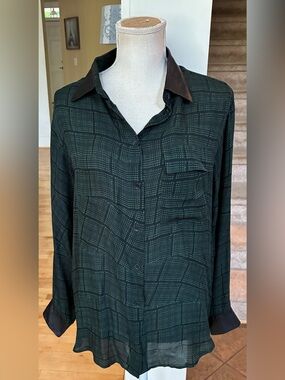 rag & bone Dark Green Silk Plaid Shirt with Black Leather Trim
